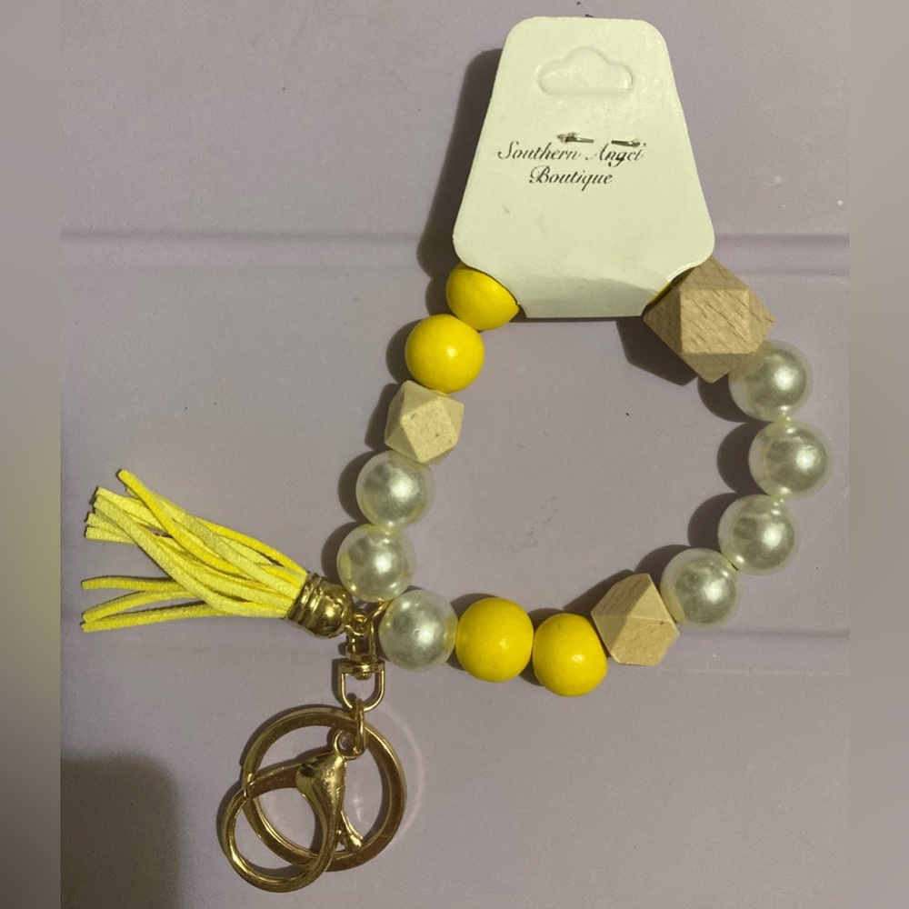 NWT Boutique Yellow Tassel Beaded Keychain Bracelet